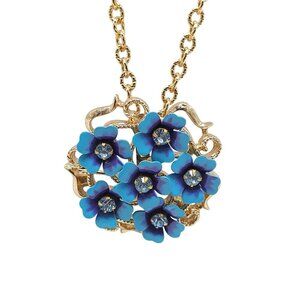 1972 AVON Floral Brooch Necklace Blue Enamel Flowers Rhinestones 26 Inches